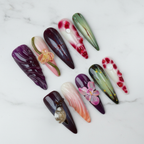 Full set 10 purple marble floral 3D custom press-on nails on white marble background — LuxepressCo