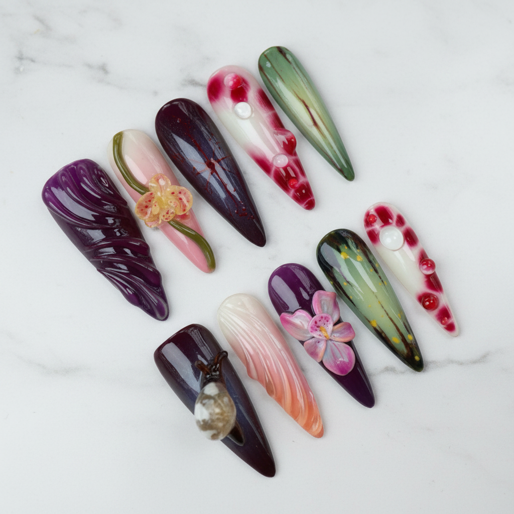 Full set 10 purple marble floral 3D custom press-on nails on white marble background — LuxepressCo