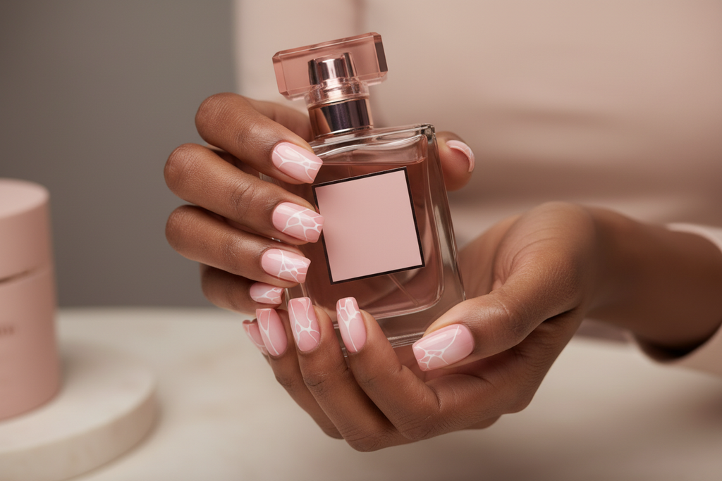 Dark skin hands holding blush perfume wearing pink marble web custom press-on nails inclusive beauty — LuxepressCo