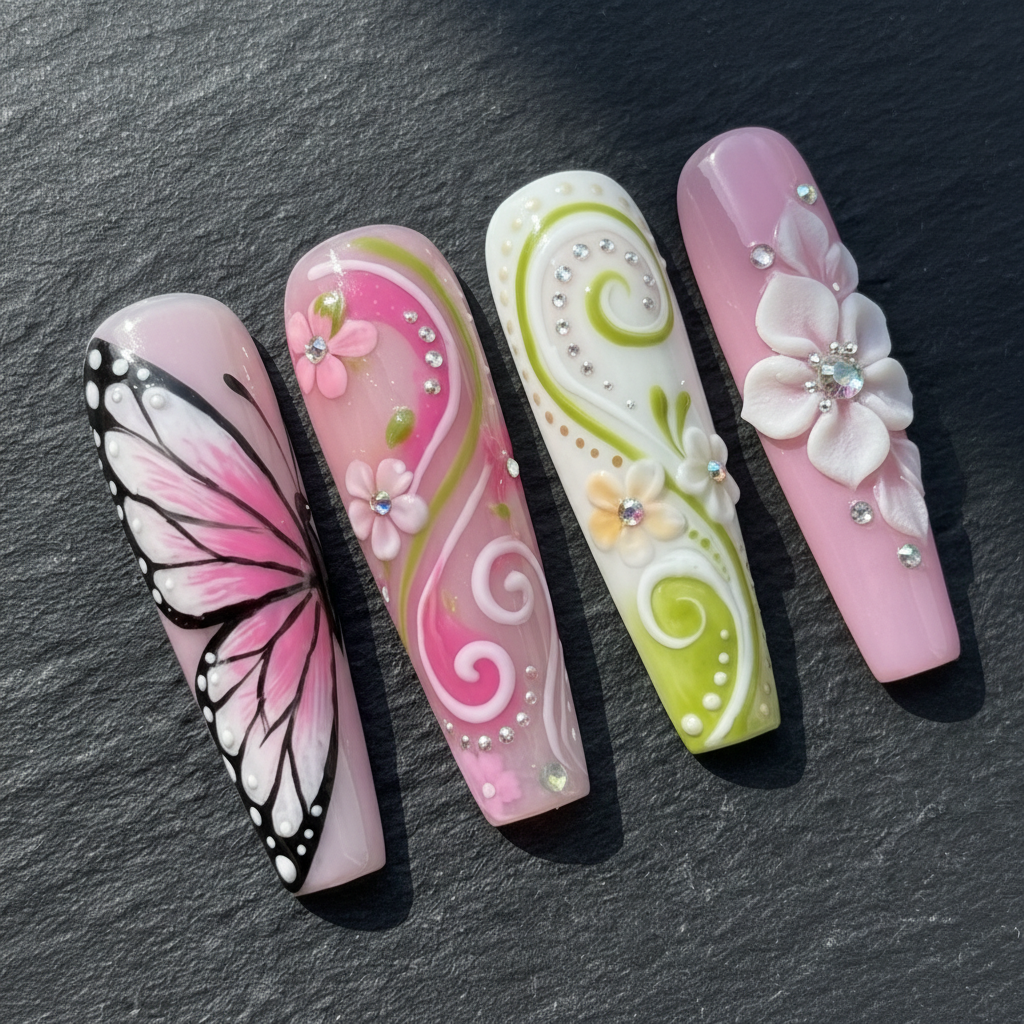 Macro close-up 3D white flower with crystal rhinestone and butterfly wing custom press-on nails dramatic lighting — LuxepressCo