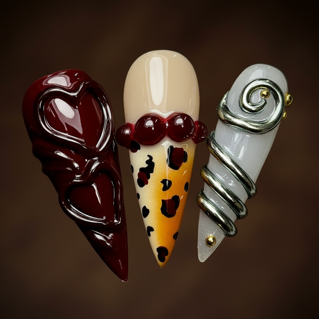 Macro close-up burgundy 3D swirl silver coil leopard cherry custom press-on nails detail — LuxepressCo