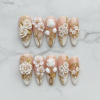 Flat lay top-down full set 10 white floral gold rhinestone pearl custom press-on nails — LuxepressCo