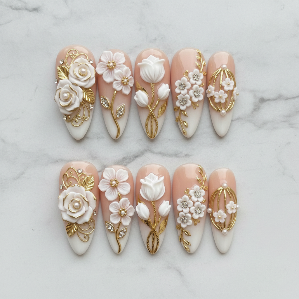 Flat lay top-down full set 10 white floral gold rhinestone pearl custom press-on nails — LuxepressCo