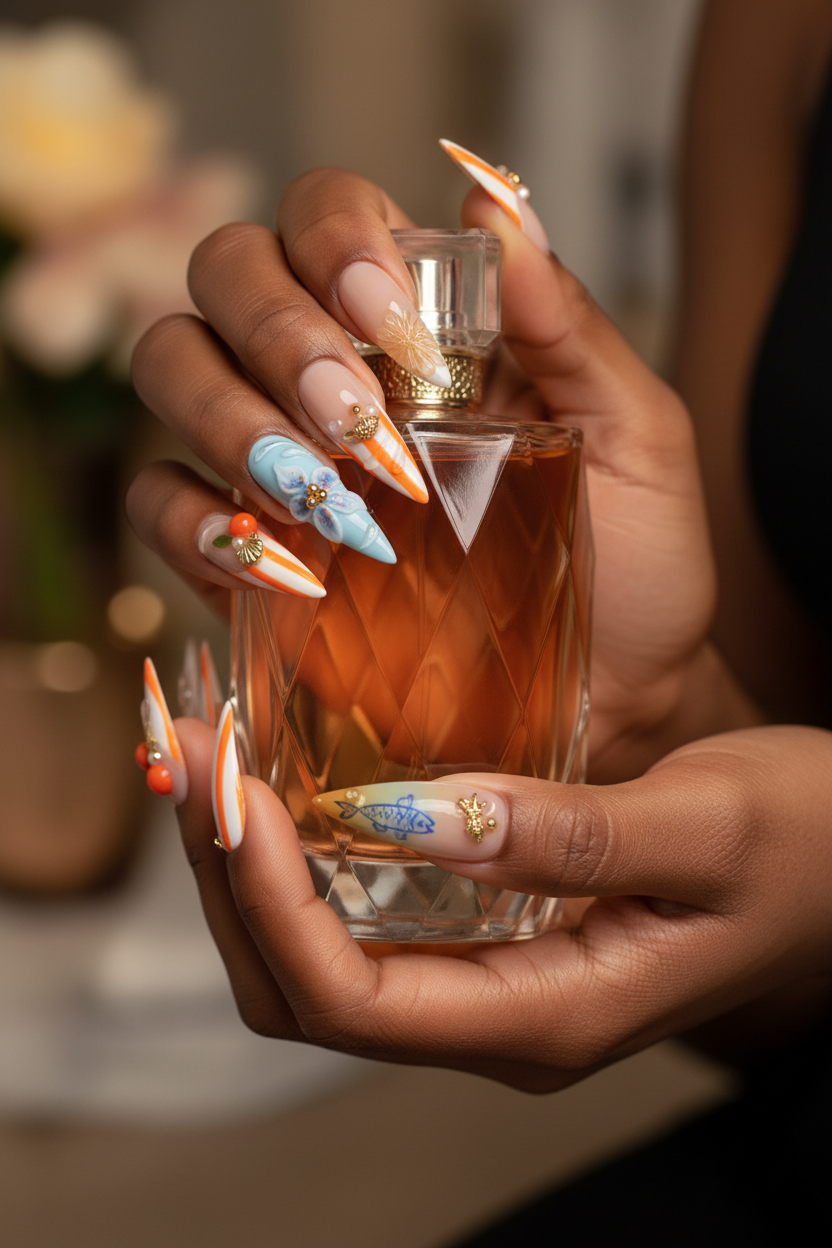 Dark-skin hands holding orange perfume wearing sky blue neon stripe embossed chrysanthemum reusable press-on nails — LuxepressCo