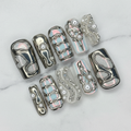 Silver chrome liquid metal holographic plaid pearl rhinestone custom press-on nails full set on white marble — LuxepressCo