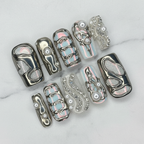 Silver chrome liquid metal holographic plaid pearl rhinestone custom press-on nails full set on white marble — LuxepressCo