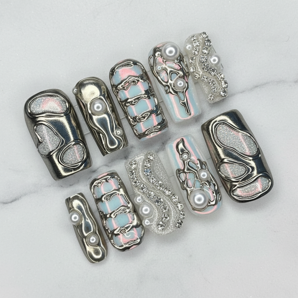 Silver chrome liquid metal holographic plaid pearl rhinestone custom press-on nails full set on white marble — LuxepressCo