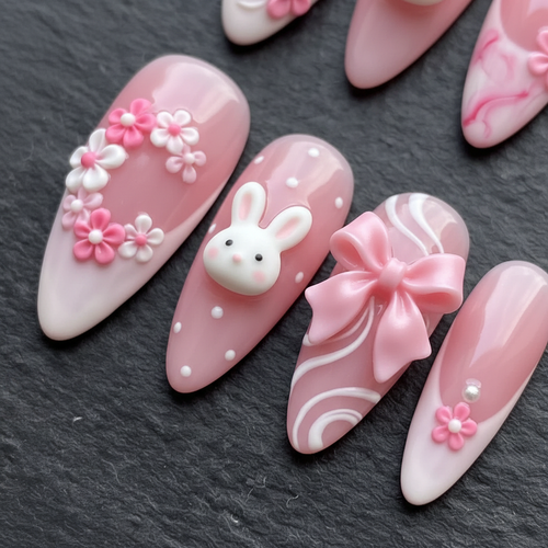 Close-up macro 3D white bunny charm pink bow ribbon baby pink custom press-on nails dramatic lighting — LuxepressCo