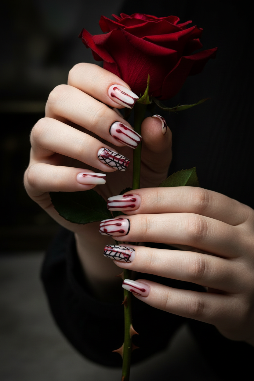 Fair-skin lifestyle Halloween blood drip spider web custom press-on nails holding red rose — LuxepressCo