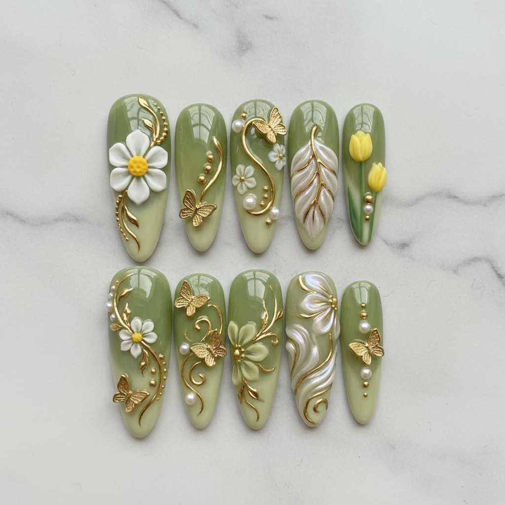Flat lay top-down sage green 3D floral custom press-on nails gold butterfly pearl — LuxepressCo