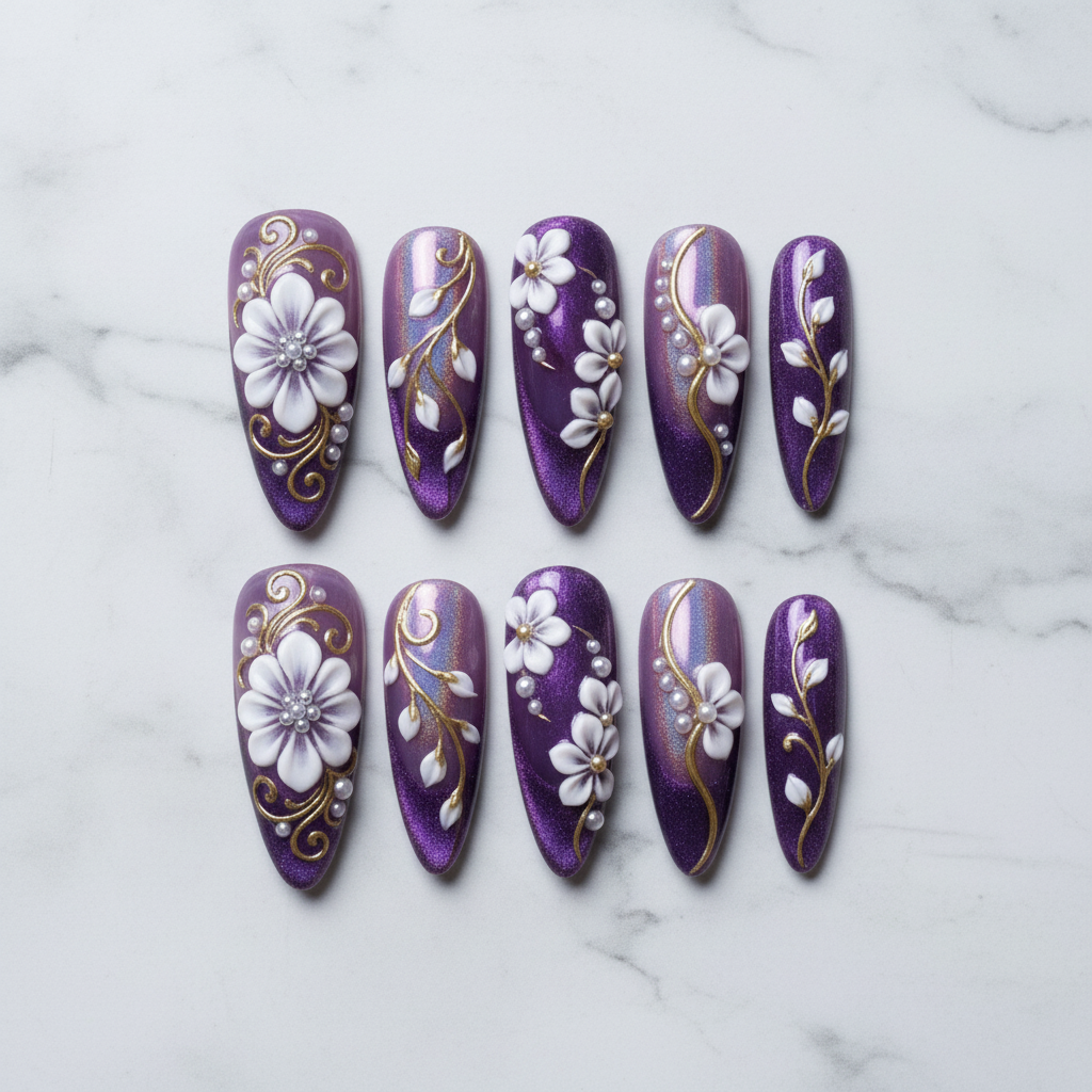 Flat lay top-down full set 10 purple chrome 3D floral press-on nails marble background studio light custom press-on nails — LuxepressCo