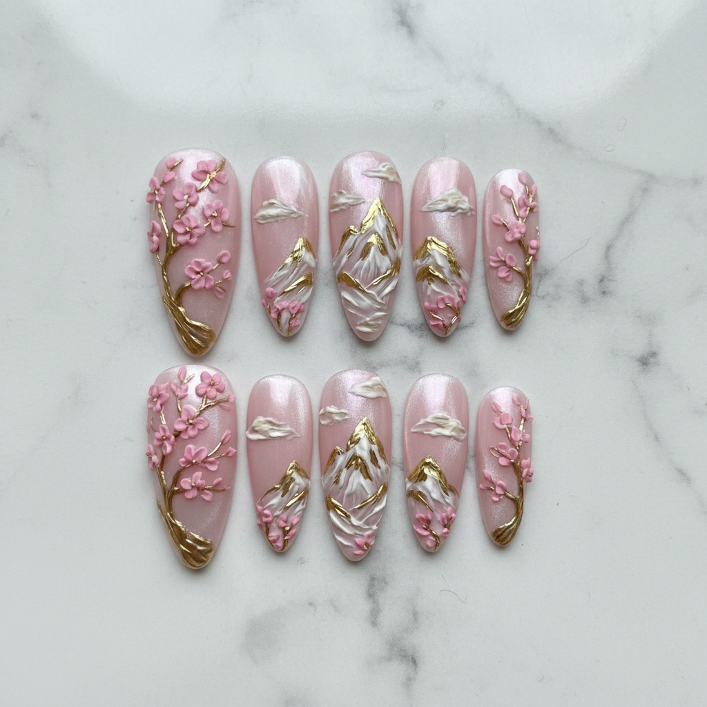Flat lay top-down full set 10 cherry blossom mountain 3D salon-quality nails white marble — LuxepressCo