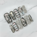 Silver chrome aurora holographic organic sculpted custom press-on nails square coffin on marble — LuxepressCo