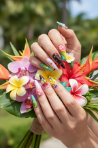 Light-skin hands holding tropical flowers wearing vivid multicolor 3D botanical custom press-on nails — LuxepressCo
