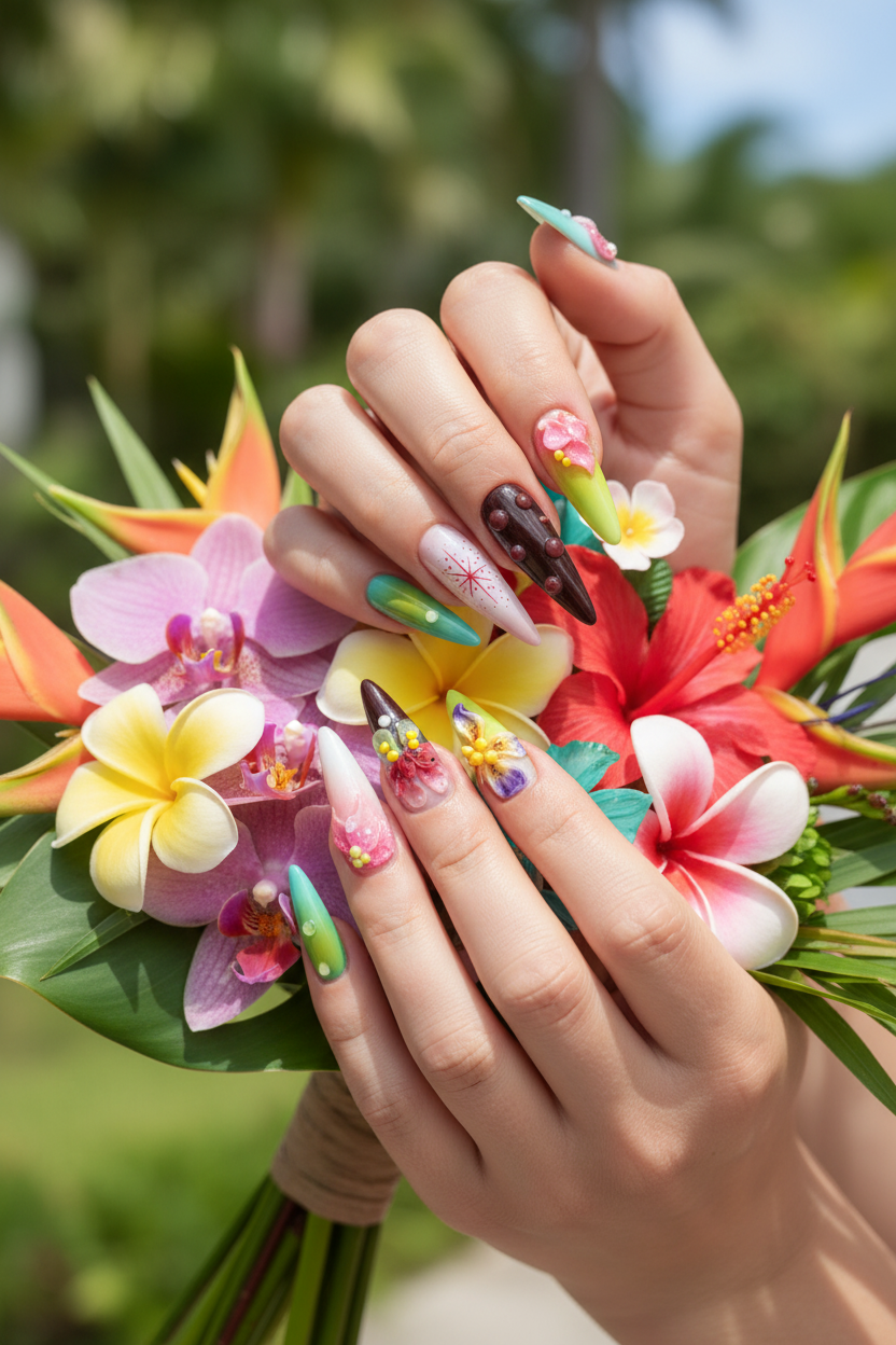 Light-skin hands holding tropical flowers wearing vivid multicolor 3D botanical custom press-on nails — LuxepressCo