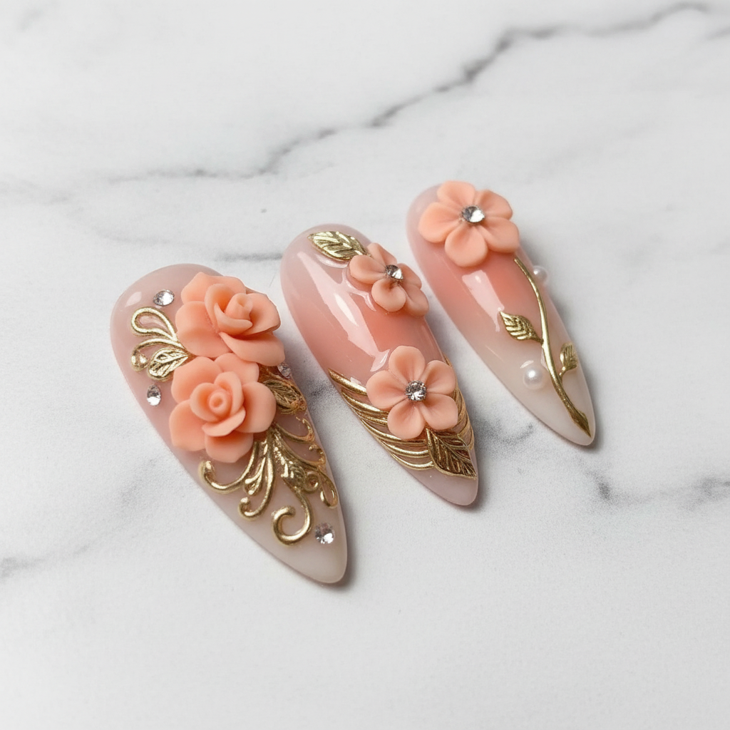 Macro 3D peach cherry blossom rhinestone center gold leaf vine almond reusable nails marble background — LuxepressCo