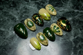 Dark forest green gold gemstone 3D botanical custom press-on nails full set on marble — LuxepressCo
