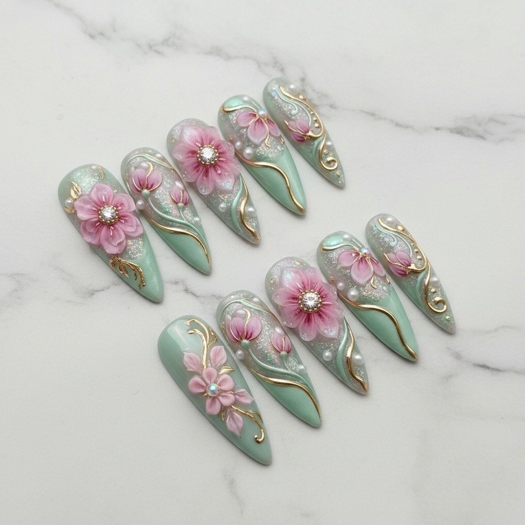 Full set 10 mint green 3D cherry blossom stiletto custom press-on nails on marble background — LuxepressCo