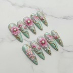 Full set 10 mint green 3D cherry blossom stiletto custom press-on nails on marble background — LuxepressCo