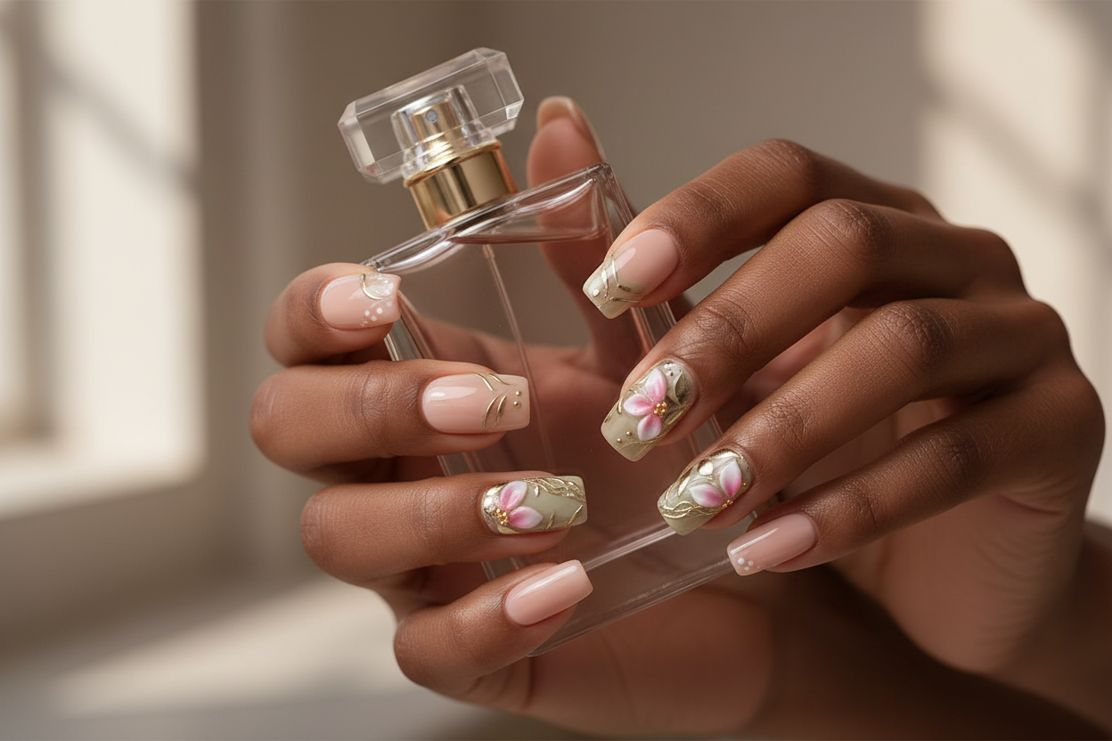 Dark-skin hands wearing sage green nude botanical gold leaf vine chiffon flower custom press-on nails holding perfume — LuxepressCo