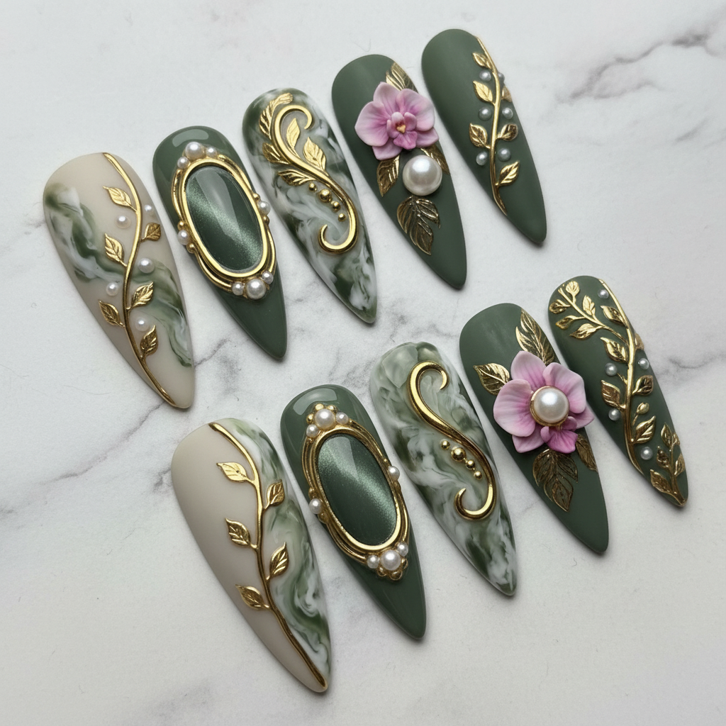 Sage green orchid baroque gold leaf pearl marble full set 10 custom press-on nails studio marble — LuxepressCo