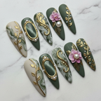 Sage green orchid baroque gold leaf pearl marble full set 10 custom press-on nails studio marble — LuxepressCo