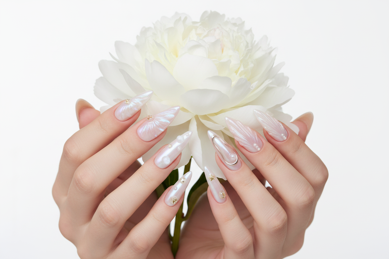 Fair-skin hands wearing pearl aurora angel wing custom press-on nails holding white peony — LuxepressCo