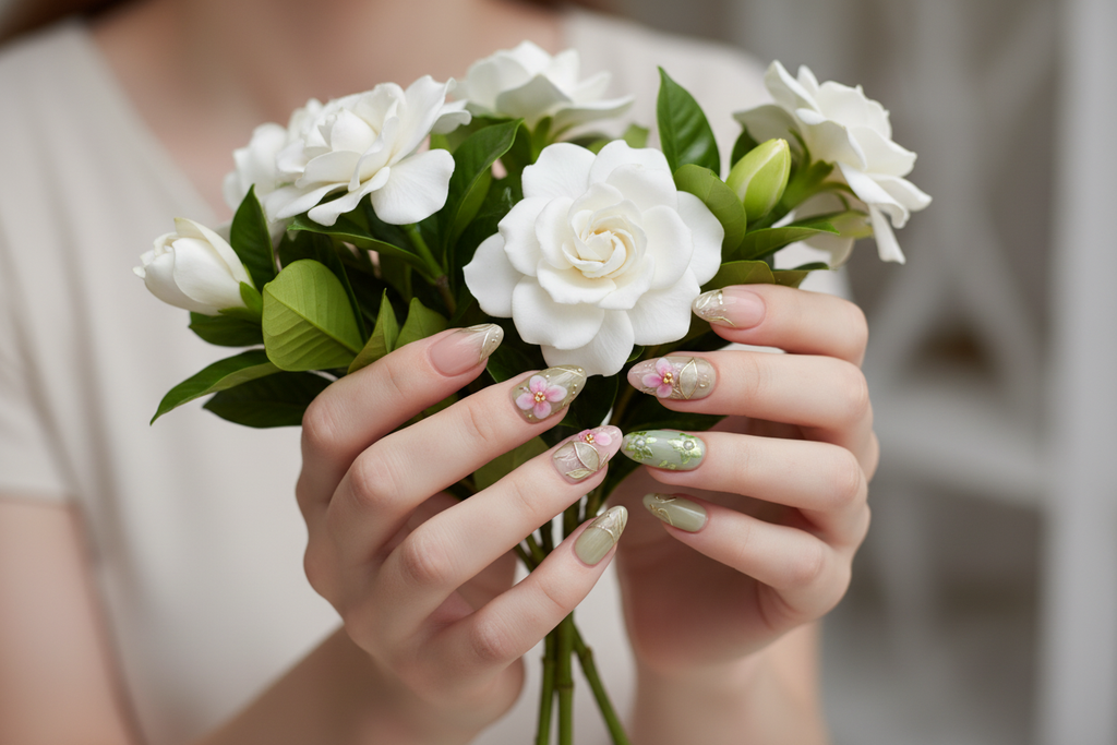 Fair-skin hands wearing sage green gold botanical pink chiffon flower custom press-on nails holding white gardenias — LuxepressCo
