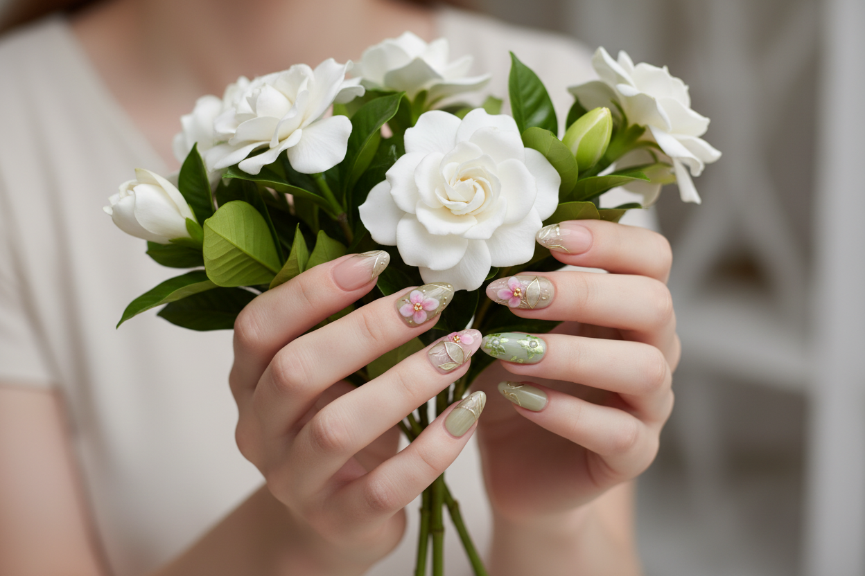 Fair-skin hands wearing sage green gold botanical pink chiffon flower custom press-on nails holding white gardenias — LuxepressCo