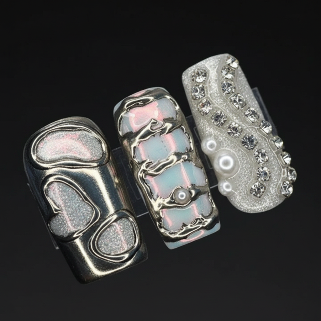 Macro close-up aurora holographic inlay and rhinestone chain salon-quality press-on nails silver chrome — LuxepressCo