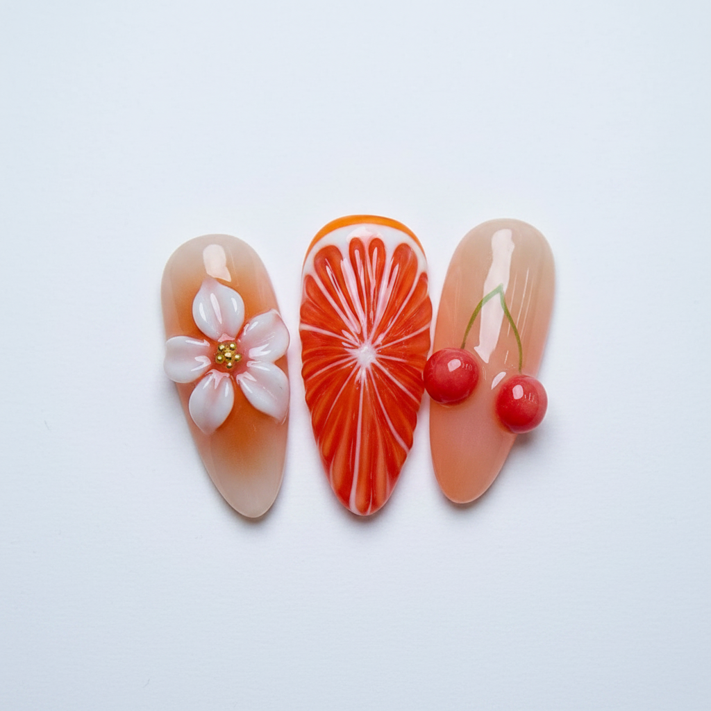 Macro close-up blood orange citrus starburst 3D white flower gold bead 3D red cherry pair orange gradient nail art — LuxepressCo
