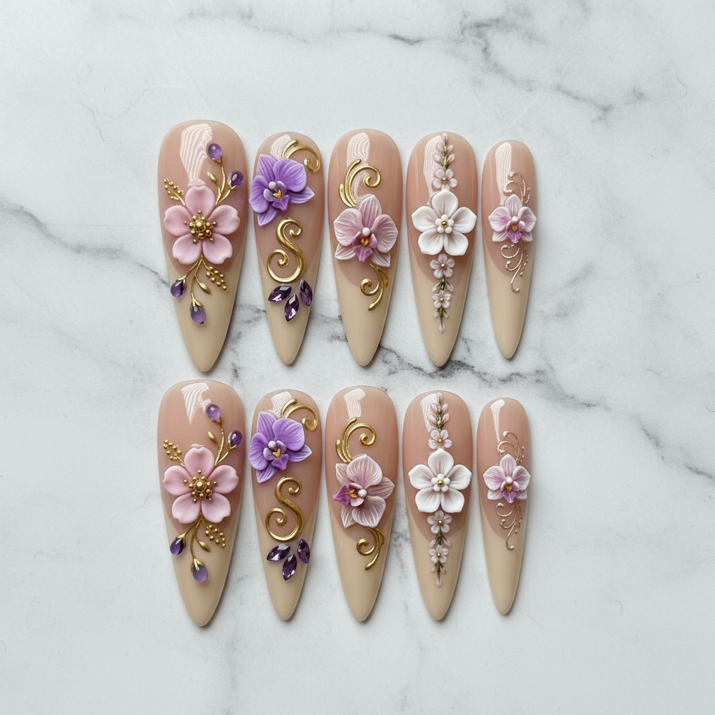 Flat lay top-down full set 10 3D floral orchid crystal stiletto custom press-on nails white marble — LuxepressCo