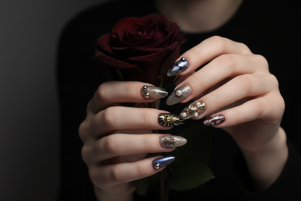 Fair-skin hands wearing gothic dark marble custom press-on nails holding dark burgundy rose — LuxepressCo