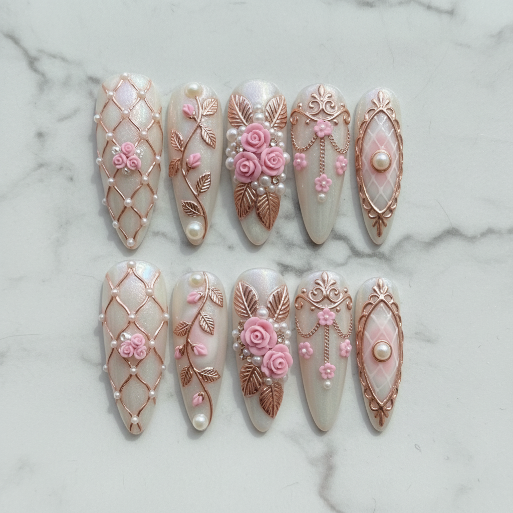 Flat lay top-down 10 opal 3D rose rose gold baroque lattice pearl chain custom press-on nails white marble — LuxepressCo