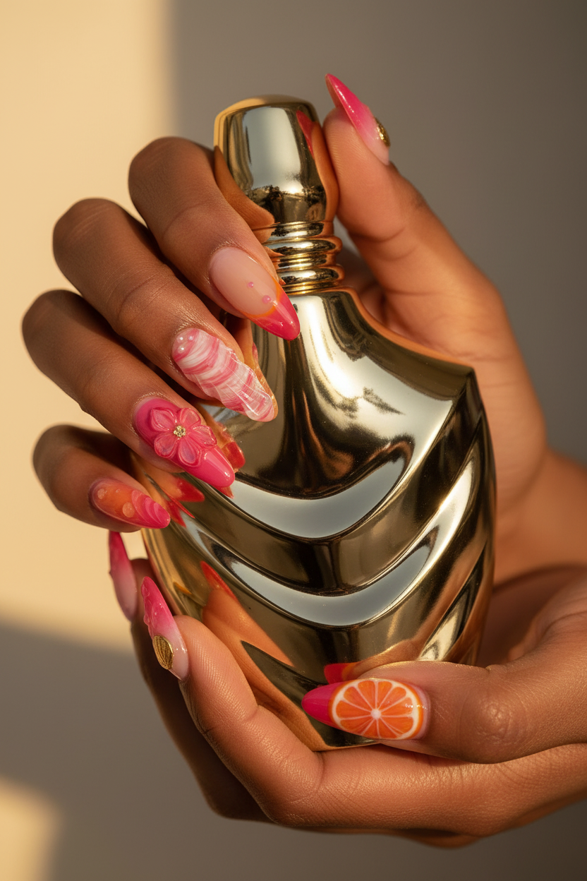 Dark skin hands wearing pink orange swirl 3D floral custom press-on nails holding gold perfume bottle — LuxepressCo