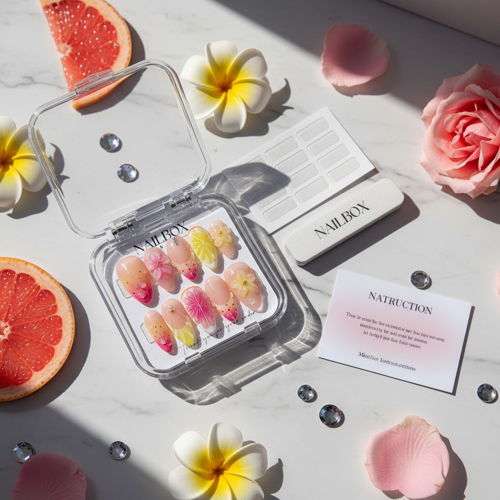 Luxury unboxing acrylic nail box petal citrus sheer jelly press-on nails with pink grapefruit yellow flower pink petals crystal props — LuxepressCo