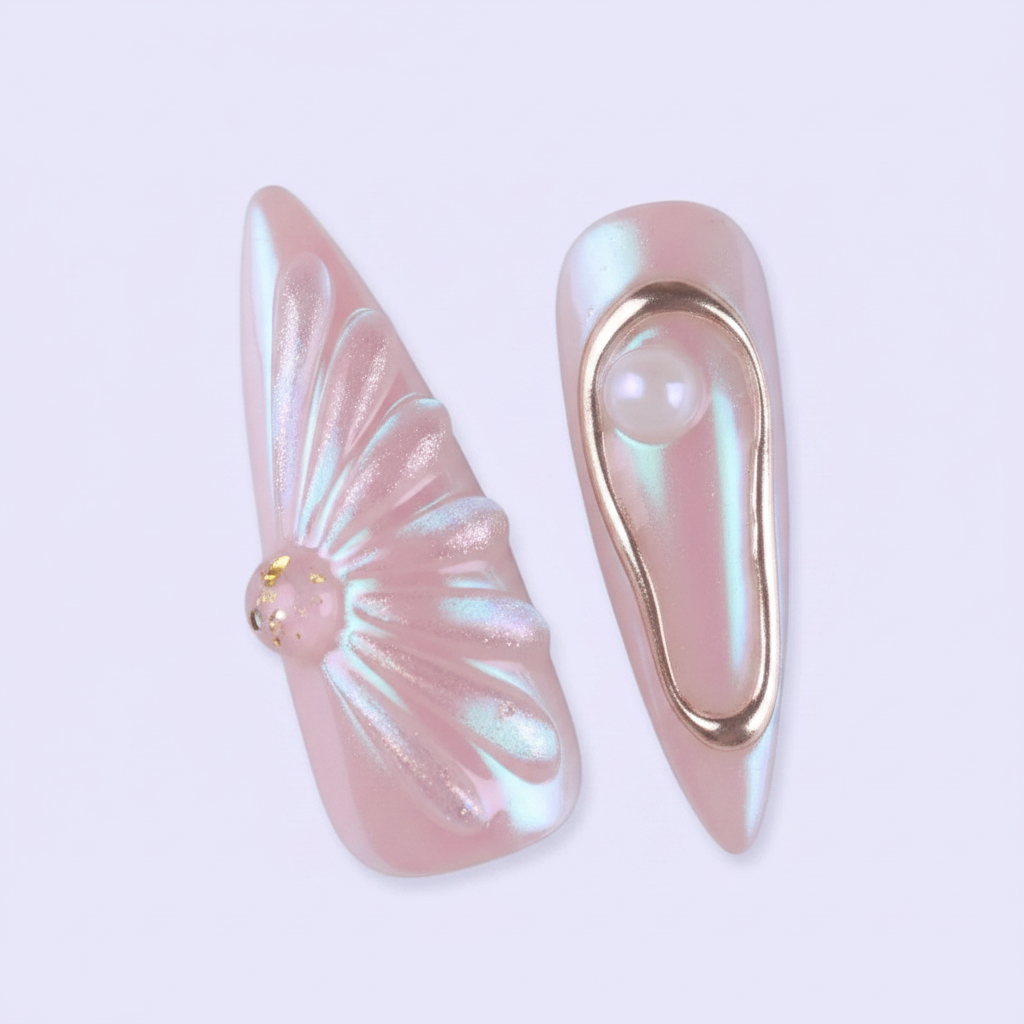 Macro close-up 3D angel wing drape and rose gold frame pearl salon-quality press-on nails — LuxepressCo