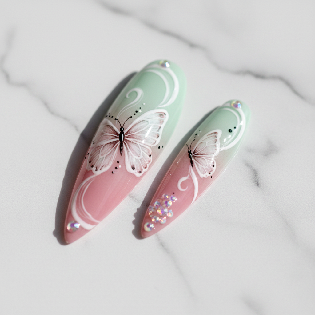 Macro close-up white butterfly painting rhinestone dot accents mint green pink ombre stiletto press-on nails glossy finish marble — LuxepressCo