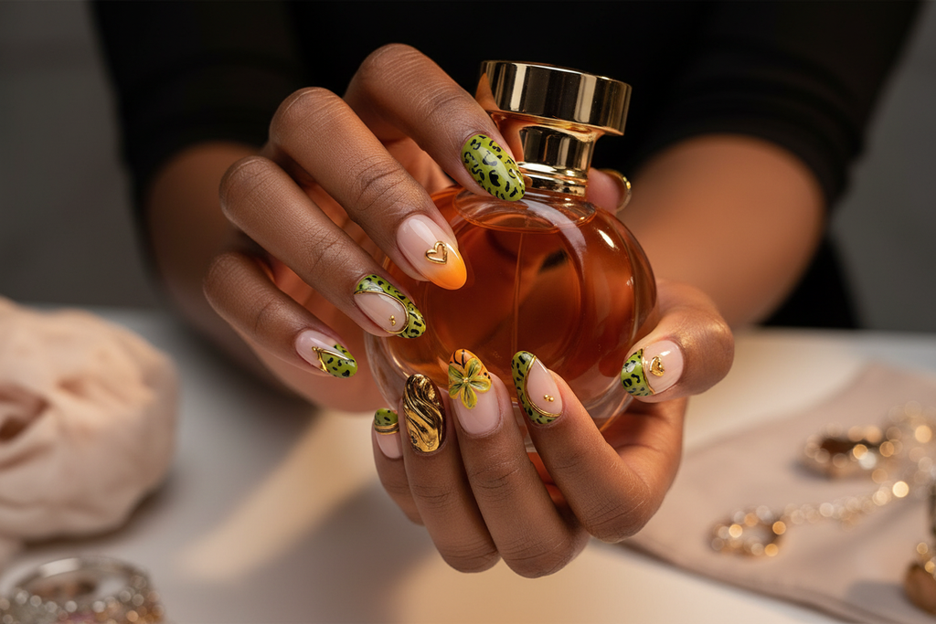 Dark skin hands holding orange perfume wearing orange green wild custom press-on nails inclusive beauty — LuxepressCo