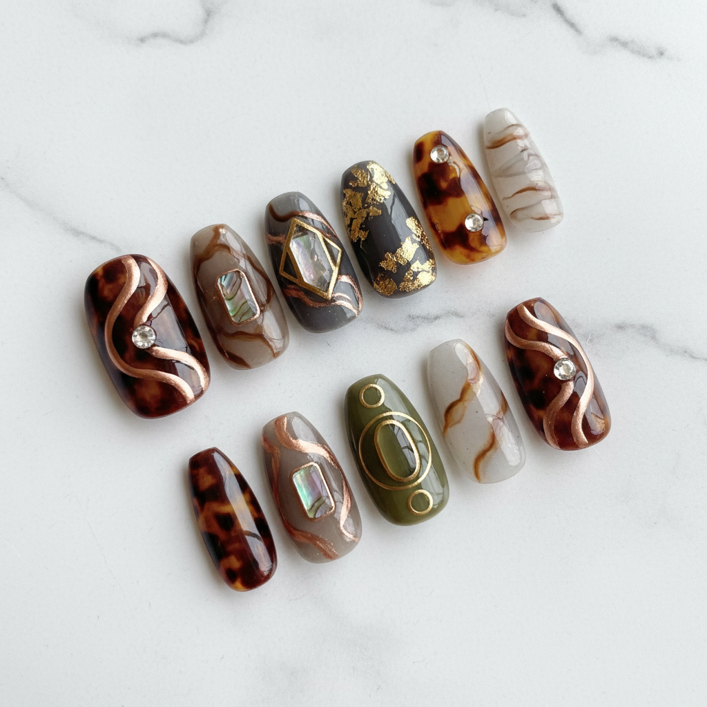 10-piece tortoiseshell amber 3D swirl almond press-on nails full set on marble studio hero shot — custom press-on nails — LuxepressCo