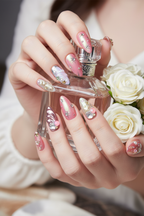 Fair skin lifestyle Y2K aurora star pearl gold chrome custom press-on nails holding roses luxury — LuxepressCo
