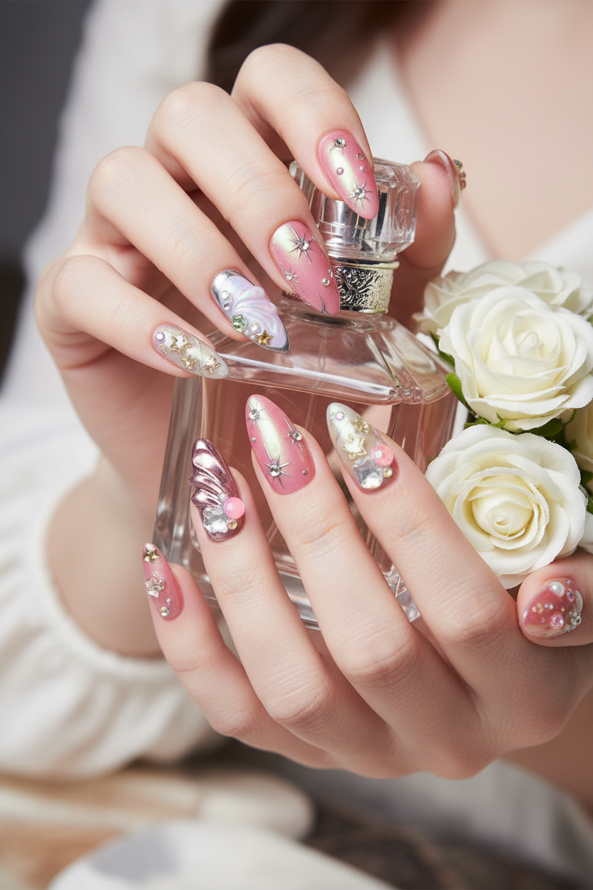 Fair skin lifestyle Y2K aurora star pearl gold chrome custom press-on nails holding roses luxury — LuxepressCo