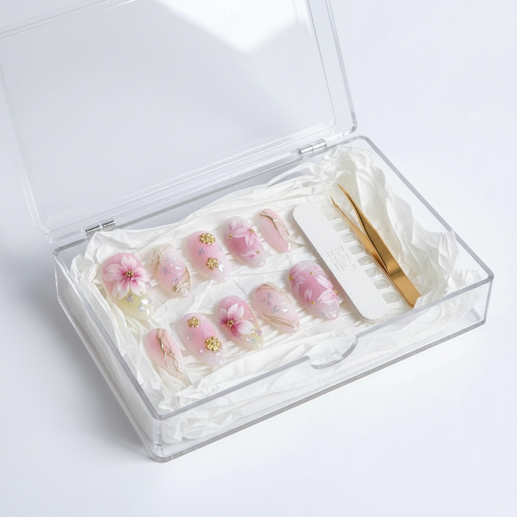Luxury unboxing acrylic box pink cherry blossom sakura press-on nails with accessories — LuxepressCo