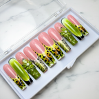 Wild jungle leopard zebra feather 3D flower lime green ombre custom press-on nails full set on marble — LuxepressCo
