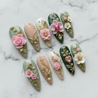 Full set 10 sage green and blush pink 3D floral custom press-on nails on marble background — LuxepressCo
