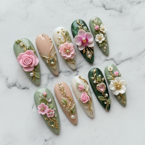 Full set 10 sage green and blush pink 3D floral custom press-on nails on marble background — LuxepressCo