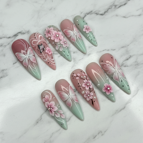 Full set 10 pink mint ombre 3D cherry blossom butterfly rhinestone pearl stiletto press-on nails marble background custom press-on nails — LuxepressCo