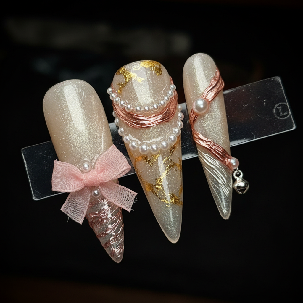 Macro close-up rose gold wire filigree pink chiffon ribbon bow pearl chain custom press-on nails — LuxepressCo