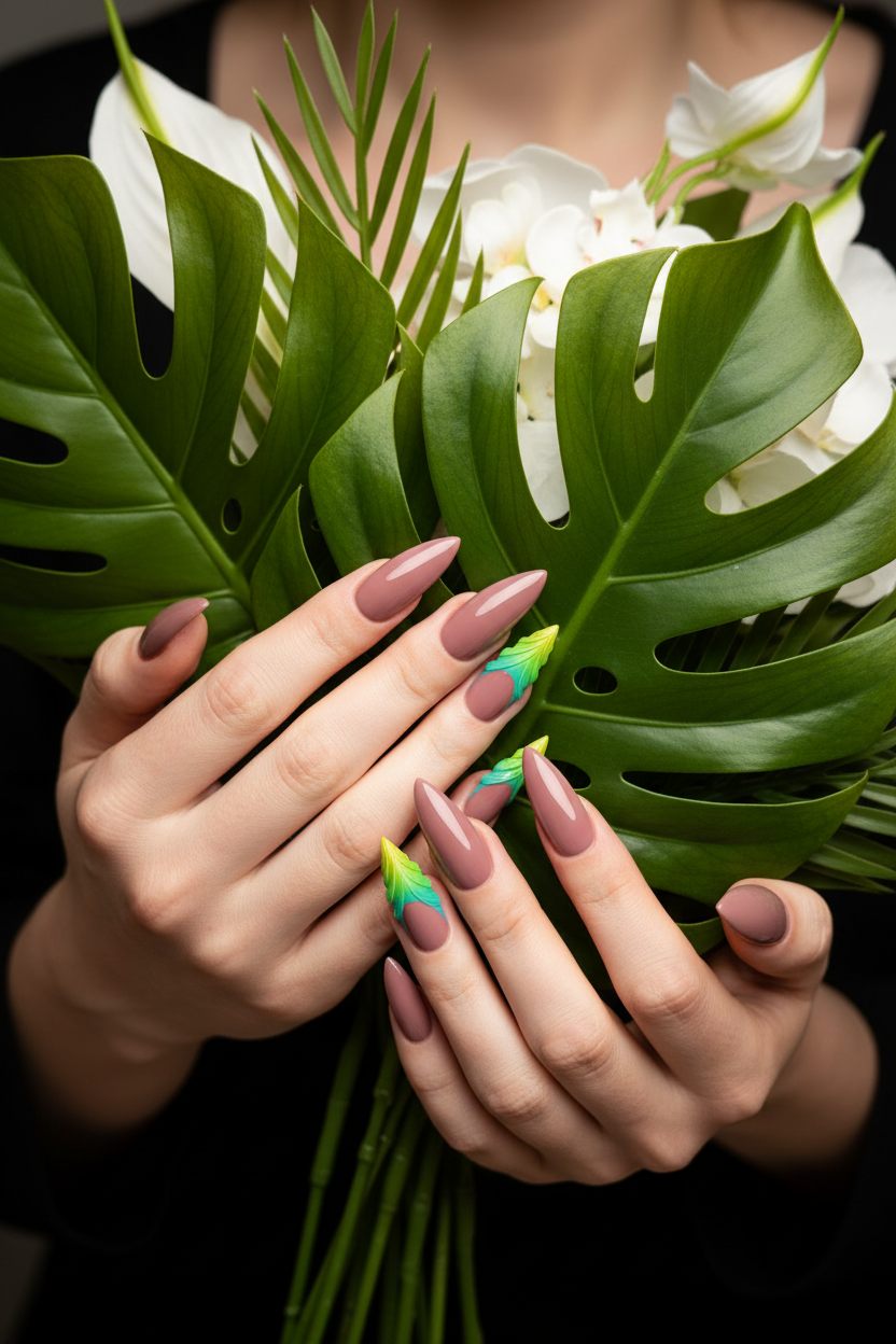 Fair-skin lifestyle mauve 3D leaf tip teal lime custom press-on nails holding tropical leaves — LuxepressCo