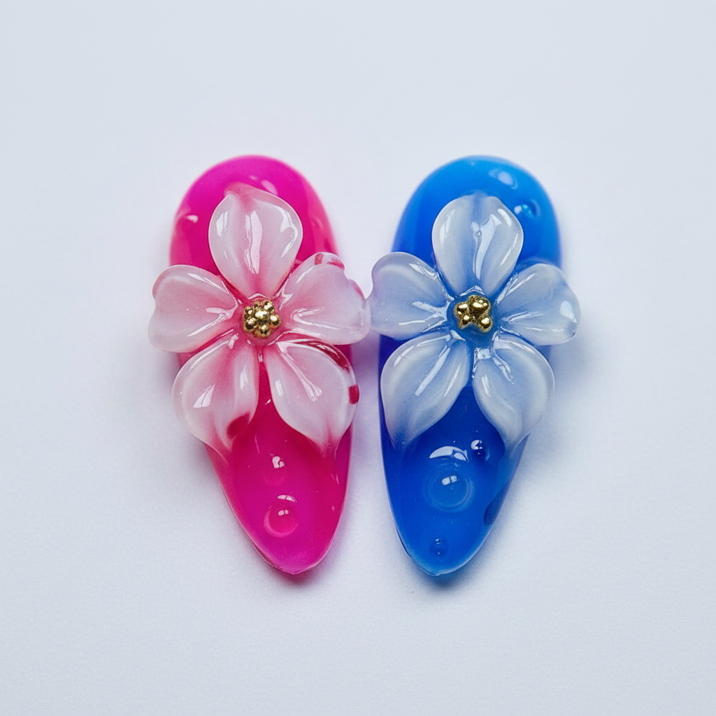 Macro close-up 3D pink flower blue hydrangea cherry gel nail art — LuxepressCo